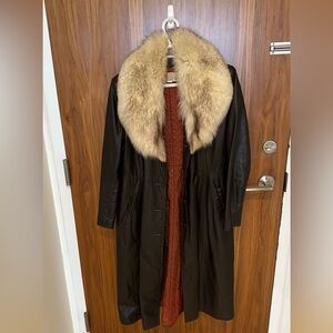 Brown Leather Coat with Fox Fur Collar